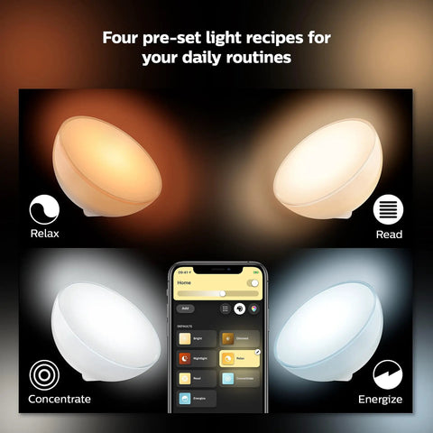 Smart Portable Dimmable Table Lamp for Indoor and Outdoor Use with Color Changing LED Ambiance IP54 Weatherproof Build and Silicone Grip Control via App or Voice Assistant displaying four light modes with smartphone app interface