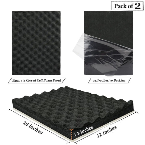 Hella Thick One Point Eight Inch Closed Cell Soundproofing Foam Egg Crate Acoustic Panels Peel And Stick For Walls DIY Noise Blocking Thermal Insulation Real Good Value Black pack of 2, dimensions 16x12x1.8 inches.
