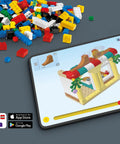 LEGO building blocks next to a tablet with LEGO model instructions, app logos displayed.