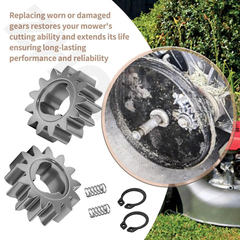 Two Pack Pinion Gear 13T 42661 VH7 000 Direct Replacement For Honda HRR216 And HRX217 Series Lawn Mowers, gears and components displayed