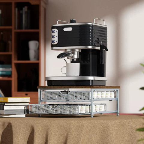 Rustic Wood And Metal Coffee Pod Holder With Sliding Drawers, 72 Pod Storage Organizer for Counter, supporting coffee maker.