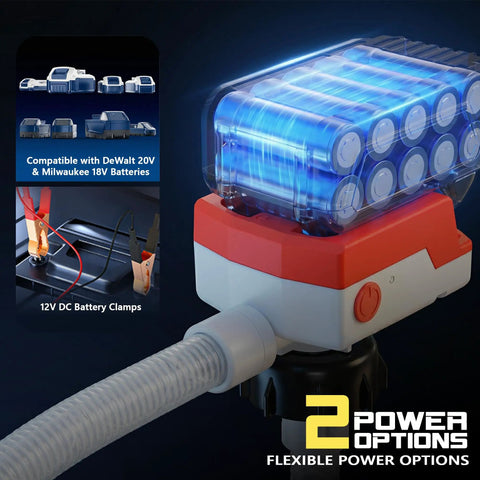 5 Gpm Cordless Fuel Transfer Pump With Auto Shut Off And Beep Alert, showcasing battery compatibility and clamp connection.