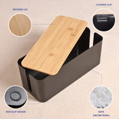 Wooden Style Large Cable Management Box For Hiding Wires And Power Strips, Desk And Computer Cord Organizer, open lid view.