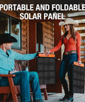 Couple holding 100W Bifacial Portable Solar Panel For Explorer Power Stations near cabin, showcasing foldable design.