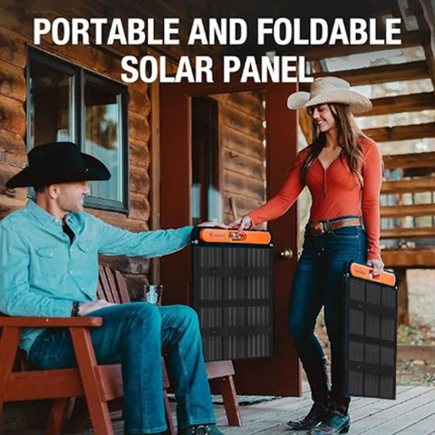 Couple holding 100W Bifacial Portable Solar Panel For Explorer Power Stations near cabin, showcasing foldable design.