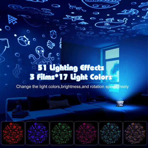 Kids Night Light With Remote And Timer, 360 Degree Rotation Projector With 3 Films, vivid star and sea projections on wall.