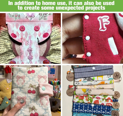 Assorted craft projects with plastic snaps from the Best Value 408 Piece Plastic Snap Button Kit With Rainbow Color Organizer Case.