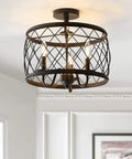 Oil Rubbed Bronze 15 Inch Led Semi Flush Mount Ceiling Light With Three Light Modern Industrial Drum Fixture For Bedroom Living Room And Hallway Gold Metal Cage Shade.