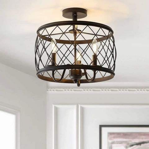 Oil Rubbed Bronze 15 Inch Led Semi Flush Mount Ceiling Light With Three Light Modern Industrial Drum Fixture For Bedroom Living Room And Hallway Gold Metal Cage Shade.