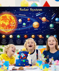 Children enjoying a party with a Giant Solar System Poster Banner For Space Themed Parties And Classroom Decor, 72.8 By 43.3 Inches, Out Of This World Galaxy Tapestry Backdrop showing the planets.