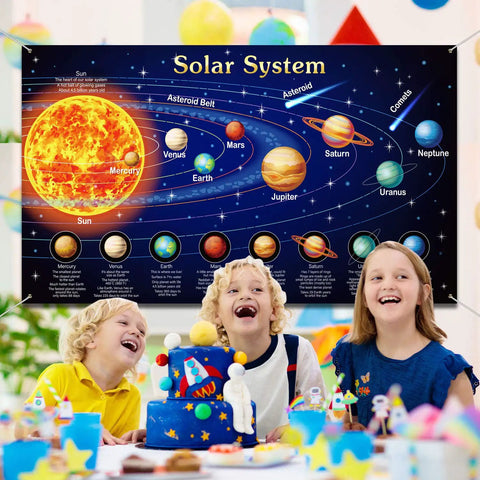 Children enjoying a party with a Giant Solar System Poster Banner For Space Themed Parties And Classroom Decor, 72.8 By 43.3 Inches, Out Of This World Galaxy Tapestry Backdrop showing the planets.