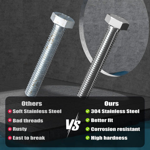 Comparison of soft stainless steel bolt and 304 stainless steel hex bolts highlighting corrosion resistance and durability.