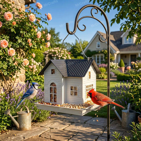 Solar Powered Hanging Metal Bird Feeder With Solar Lights Weatherproof Outdoor Lantern Dual Compartment Bird House in garden