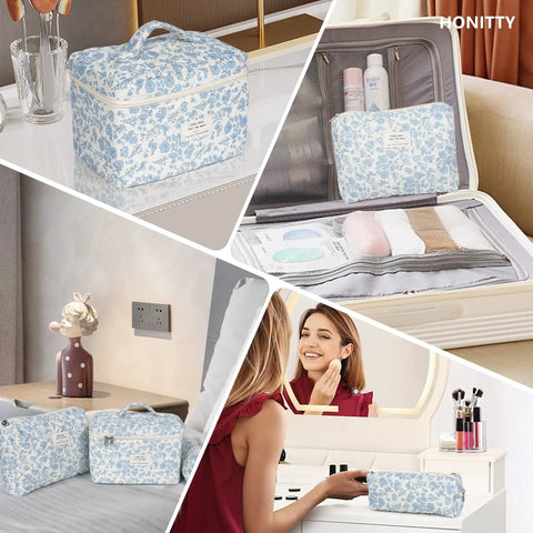 Floral Quilted Makeup Bag Set For Women Travel ✓