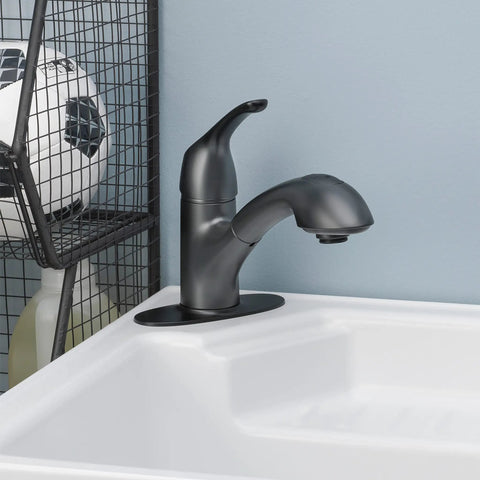 Pull-Out Laundry Faucet With Single Handle, 4.0 GPM Flow, Deckplate Included, Universal 1 Or 3 Hole Install, Matte Black Finish