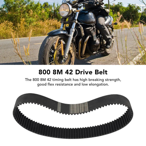 Beefed Up Rubber Drive Timing Belt 42mm Wide 8M 800 Series for Mechanical Power Transmission with motorcycle background.