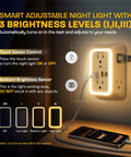 Heavy Duty Multi Plug Wall Outlet Extender Pack With Six AC Receptacles And Four USB Ports Delivering 20W Fast Charge For Your Daily Gear Load And No Sweat Hustle Ready Setup on a wall, showing touch sensor and brightness levels.