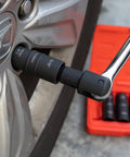 Six Piece Half Inch Drive Impact Socket Set For Any Job With Ten SAE And Metric Sizes, used for loosening car lug nuts.