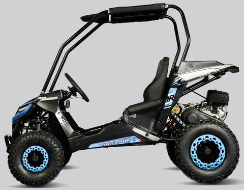 Side view of a Cheetah 6 Youth Go Kart With 163cc 5.5HP Engine Electric Start Remote Kill Speed Governor, Blue Edition for kids, pre-assembled.