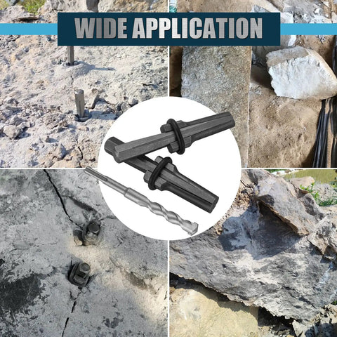 Heavy Duty Rock Splitting Wedges With Rotary Hammer Drill Bit Tough As Nails Steel Build For Concrete Breaking And Demolition Jobs, shown in diverse applications on solid rock.