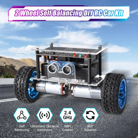 Hands On DIY Self Balancing Robot Car Kit For STEM Practice With ESP32 Board Ultrasonic Obstacle Avoidance And Soldering Practice WiFi And IR Dual Control Educational Electronics Kit For Teens And Kids 15 Plus, two-wheeled acrylic chassis