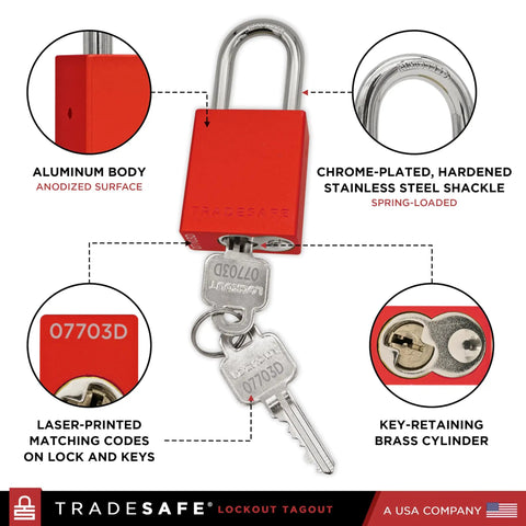 10 Pack Red Aluminum Lockout Tagout Padlocks, Keyed Differently, 2 Keys Each, OSHA Compliant, corrosion-resistant aluminum body.