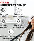 Woman relaxing indoors with dry air discomfort relief icons, highlighting nighttime, skin, and respiratory benefits.
