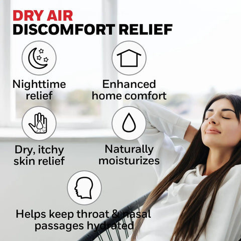 Woman relaxing with icons illustrating dry air discomfort relief from Replacement Wicking Filter T For HFT600 Humidifier 3 Pack.