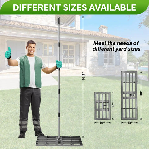Lawn Leveling Rake With Stainless Steel Long Handle Pro Grade, 30 Inch By 10 Inch, showing adjustable height for yard sizes