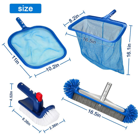 4 Piece All In One Pool Cleaning Kit With Heavy Duty Leaf Skimmer Net Deep Bag Skimmer Rotatable 90 Degree Scrub Brush And Wall Scrub Brush For Above Ground And Inground Pools Pole Not Included