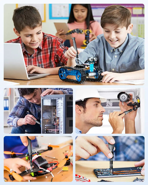 Children and adults using electronics repair kit and tools, showcasing practical applications of the Go To 150 In 1 Precision Screwdriver Set.