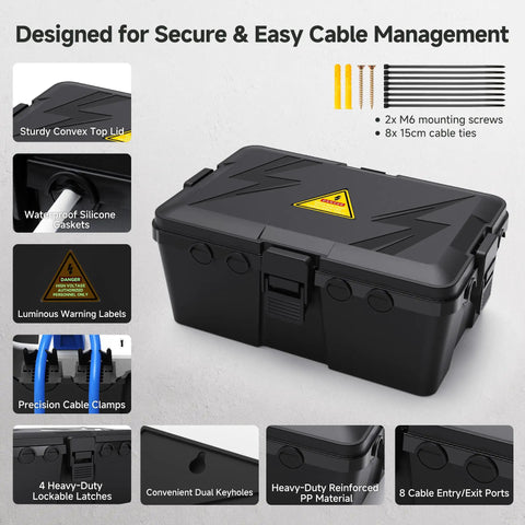 Badass Weatherproof Outdoor Electrical Box Secures Power Strips Extension Cords And Plugs with waterproof gaskets and cable management.