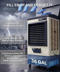 Heavy Duty 6500 Cfm Portable Evaporative Swamp Cooler With 19 Gal Tank 120 Oscillation Auto Fill showing water filling options.