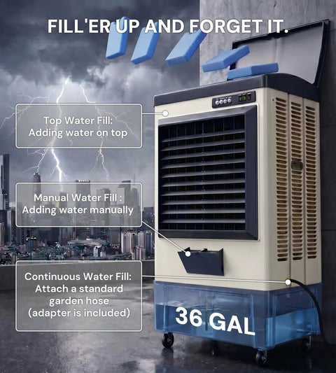 Heavy Duty 6500 Cfm Portable Evaporative Swamp Cooler With 19 Gal Tank 120 Oscillation Auto Fill showing water filling options.