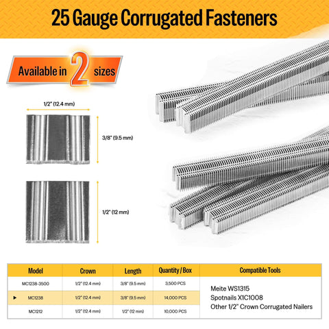 Corrugated W Staples Fasteners One Half Inch Crown By Three Eighth Inch Length Micro Corrugated Staples, Fourteen Thousand Count Box, Bright Basic Finish