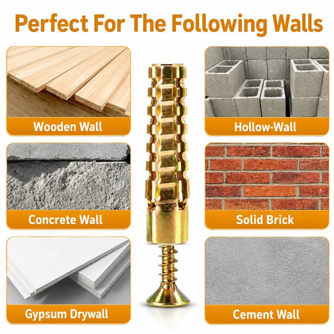 6x14mm Short Expansion Screw Set For Cabinet Hinge Repair And Drywall, Heavy Duty Anchors And Screws Kit, Hollow Door Wall Anchors For Stripped Thread Fix, 100 Pieces, Easy Install And Secure Hold, Durable And Long Lasting, brass anchor for wood, hollow wall, concrete and brick
