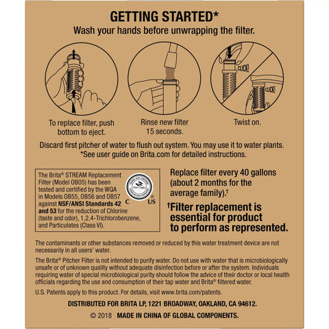 Stream Pitcher Water Filter System instructions showing filter replacement process and certifications.