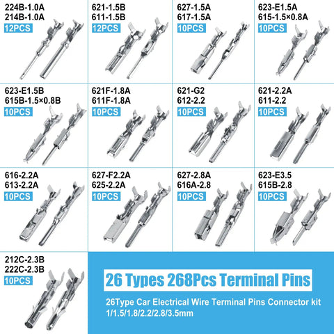 Image of Pro Grade Automotive Terminal Pin Kit With 567 Pieces Across 26 Pin Types Including 1Mm To 3.5Mm Pins, showing various pin types and quantities labeled in rows. View of individual metal terminal pins from different angles.