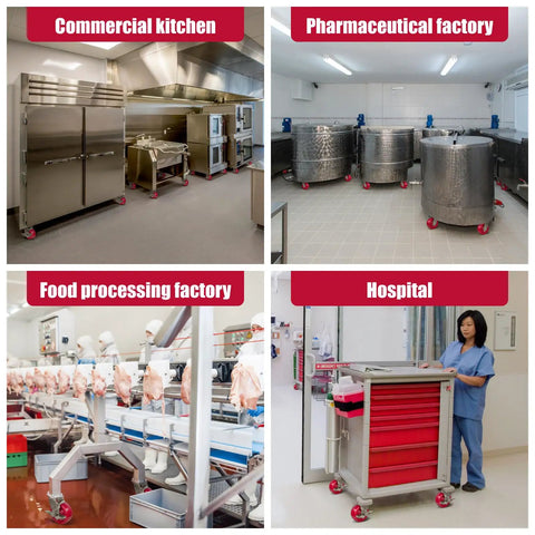 Heavy Duty Industrial Casters With Tough As Nails Solid Polyurethane Wheels And Rust Proof Stainless Steel Brackets, 2 Rigid 2 Swivel Set For Factory Gear, Beefy 4000 Lbs Capacity Made In Usa For No Sweat Moving in commercial kitchen, pharmaceutical factory, food processing factory, and hospital.