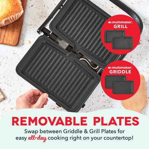 Dash MultiMaker Flex Press Grill With Swap-It Plates, Electric Indoor Countertop with removable grill and griddle plates.