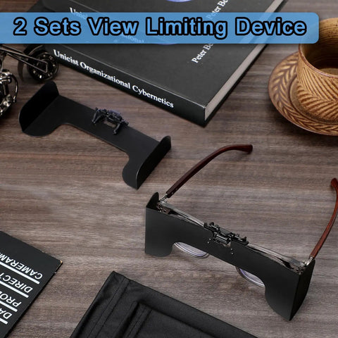 Clip On View Limiting Device For Pilot Training With Cloud Over Visor Shields Includes Soft Case And Glasses Bag One Piece Set Durable Plastic Construction To Block Cockpit Peeking displayed on table with books and glasses.