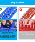 NAMOKA thread checker wall-mounted bolt and nut gauge boards in blue and red, displaying 31 SAE and metric sizes.