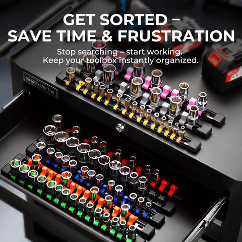 9 Piece Socket Organizer Set With 1/4 Inch 48 Clips, 3/8 Inch 45 Clips, And 1/2 Inch 36 Clips in toolbox drawer