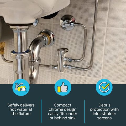 Installed 3/8 inch thermostatic mixing valve with compression connections under sink for no sweat scald protection.