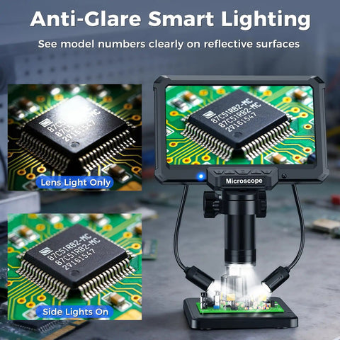 7 Inch LCD Digital Soldering Microscope With Remote And Side Lights High Clearance Stand For DIYers And Tweezers Access 1080P Live View For Precise Microsoldering On Tiny PCBs showing anti-glare lighting