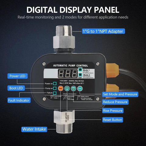 Plug Play Smart Pump Controller With Auto Water Level And Flow Tracking Digital Readout showing digital display panel.