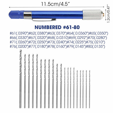 21-Piece Drill Bit Set With Pin Vise For Jewelry Bead Making And Tiny Wood Carving, Includes Numbers 61 To 80, Micro Mini Drill Bits