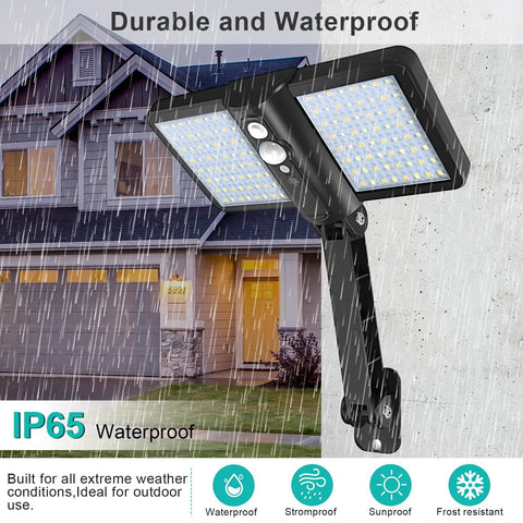 Remote Solar Motion Sensor Flood Lights, 128 LED Ultra Bright Outdoor Security Flood Lights, IP65 Waterproof, rain illustration