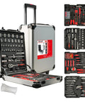 All In One 515 Piece Aluminum Trolley Tool Set On Wheels With Four Drawers Portable Toolbox For Home Car Garage Maintenance And Auto Repair Equipped With Wrenches Pliers Sockets Hammer Tape Measure And More, displayed open with visible tools.