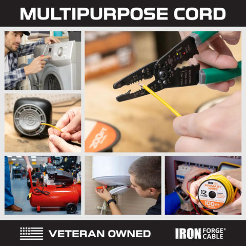 Collage showing uses of 12 Gauge Primary Automotive Wire Kit 1000 Ft Total in 10 Color Options PVC Protected Copper Clad Aluminum 100 Ft Per Roll.